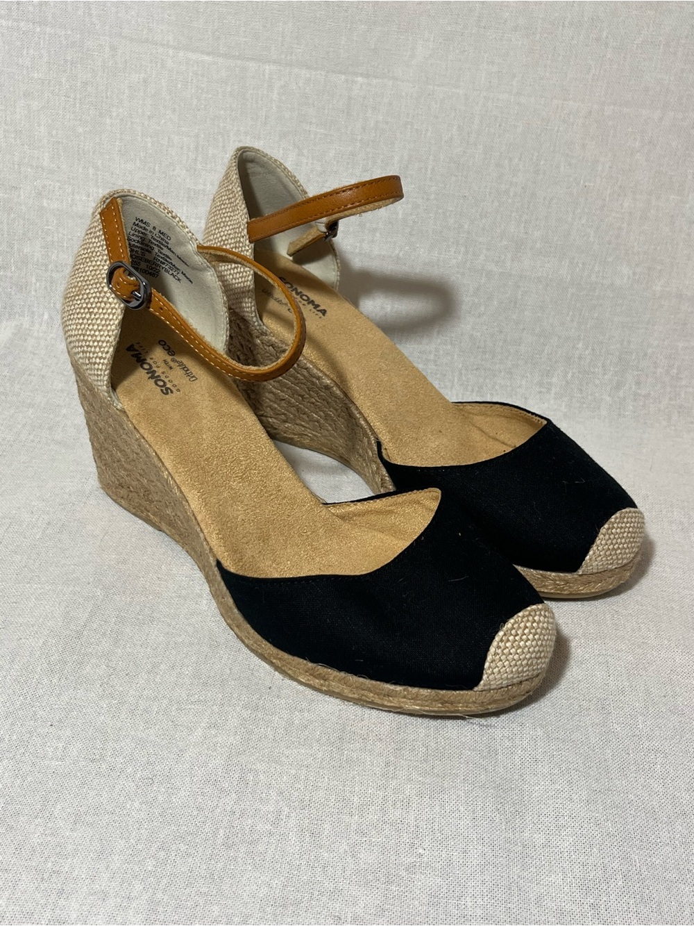 Sonoma Wedge Sandals Size 8 Espadrille Black Tan Cushion Wedding Spring Cottage